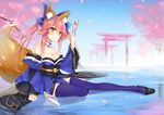  animal_ears bell bell_collar blue_legwear bow breasts cherry_blossoms cleavage collar collarbone detached_sleeves fang fate/extra fate_(series) fox_ears fox_tail hair_bow hair_ribbon highres hohaku japanese_clothes large_breasts looking_at_viewer pink_hair ribbon solo tail tamamo_(fate)_(all) tamamo_no_mae_(fate) yellow_eyes 