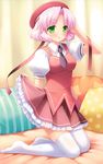  absurdres arm_up blush cafe_sourire green_eyes hair_ribbon hat highres kneeling looking_at_viewer mizushima_kasumi natsume_eri necktie open_mouth pink_hair puffy_short_sleeves puffy_sleeves ribbon school_uniform short_hair short_sleeves skirt skirt_lift solo thighhighs white_legwear 