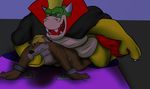  blood canine cape clothing count_koopa coyote fangs harry_belmont holding_(disambiguation) jking1200_(artist) koopa looking_pleasured male male/male mammal mario_bros nintendo one_eye_closed overweight pain restrained scalie simple_background vampire video_games 