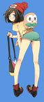  ass bag bangs bare_legs beanie black_hair blue_background blue_eyes blush from_behind full_body gen_7_pokemon green_shorts handbag hat highres leaning_forward looking_at_viewer looking_back mizuki_(pokemon) pokemon pokemon_(creature) pokemon_(game) pokemon_sm red_hat rowlet s_ko shirt shoes short_hair short_shorts short_sleeves shorts smile sneakers swept_bangs t-shirt 