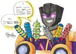 cybertronian decepticon dialogue english_text humanoid humor lint_roller machine male purple_eyes robot simple_background smile spikes swindle teeth text transformers white_background xgemfirex 