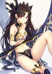  arm_support artist_name asymmetrical_sleeves bangs bare_shoulders black_hair black_legwear black_panties black_ribbon breasts cleavage closed_mouth collarbone detached_collar detached_sleeves earrings eyebrows_visible_through_hair fate/grand_order fate_(series) flag groin hair_ribbon haruato highres hoop_earrings ishtar_(fate/grand_order) jewelry knee_up leaning_back long_hair long_legs looking_at_viewer medium_breasts multicolored_hair navel neck_ring panties parted_bangs rainbow_hair rainbow_order red_eyes ribbon ring shadow shiny shiny_hair single_over-kneehigh single_sleeve sitting smile solo stomach strapless string_panties sword thighlet two_side_up underwear very_long_hair weapon white_background 