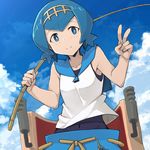  blue_eyes blue_hair blue_sailor_collar blue_sky bright_pupils cloud covered_navel day fishing_rod flipped_hair hairband highres holding holding_fishing_rod looking_at_viewer mzrz pokemon pokemon_(game) pokemon_sm sailor_collar shirt short_hair sky sleeveless smile solo suiren_(pokemon) swimsuit swimsuit_under_clothes trial_captain v white_shirt yellow_hairband 