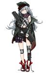  ammunition_pouch assault_rifle bags_under_eyes black_shorts blue_hair blush_stickers brown_eyes full_body g11 g11_(girls_frontline) girls_frontline gun hat head_tilt holding holding_gun holding_weapon holster infukun jacket knee_pads long_hair looking_at_viewer off_shoulder official_art open_clothes open_jacket parted_lips pouch rifle scarf shirt shorts sleepy solo standing strap thigh_holster transparent_background very_long_hair weapon white_shirt 