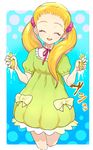  blonde_hair clenched_hands closed_eyes dress food fruit hair_ornament kasugano_urara_(yes!_precure_5) lemon long_hair moudoku_(decopon3rd) open_mouth precure ribbon simple_background smile solo sound_effects squeezing standing twintails yes!_precure_5 