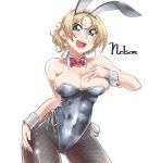  1girl alternate_costume alternate_hair_length alternate_hairstyle animal_ears black_legwear black_leotard blonde_hair blue_eyes bow bowtie breasts bunny_ears bunny_girl bunny_tail bunnysuit cleavage commentary_request contrapposto cowboy_shot detached_collar fishnet_legwear fishnets hand_on_own_chest kantai_collection large_breasts leotard long_hair looking_at_viewer nelson_(kantai_collection) pantyhose red_neckwear simple_background solo tail tied_hair uzuki_kosuke white_background wrist_cuffs 