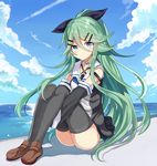  absurdres blue_neckwear cloud day detached_sleeves green_eyes green_hair hair_between_eyes hair_ribbon highres kantai_collection long_hair looking_at_viewer ocean retsuto ribbon shoes sky smile solo thighhighs yamakaze_(kantai_collection) 