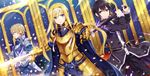  alice_schuberg armor black_eyes black_hair blonde_hair blue_eyes cape eugene_(sao) gabiran headband kirigaya_kazuto long_hair male sword sword_art_online weapon 