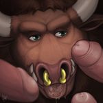  bovine close-up cum cum_drool erection facial_piercing horn male male/male mammal nose_piercing nose_ring partially_retracted_foreskin penis penis_in_face piercing precum rov septum_piercing signature solo_focus tauren tongue tongue_out tusks uncut video_games warcraft 