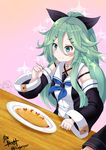  blue_neckwear chibi chibi_inset detached_sleeves eating food green_eyes hair_between_eyes hair_ribbon highres kantai_collection kongou_(kantai_collection) kuga_zankurou long_hair multiple_girls omelet omurice out_of_frame ribbon solo_focus yamakaze_(kantai_collection) 