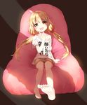  :d absurdres bare_shoulders barefoot blonde_hair clothes_writing eyebrows_visible_through_hair feet futaba_anzu highres idolmaster idolmaster_cinderella_girls long_hair looking_at_viewer mk82_(hoonsyh) off_shoulder open_mouth shirt short_sleeves sitting smile solo t-shirt twintails yellow_eyes you_work_you_lose 