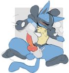  2016 animal_genitalia animal_penis anthro balls black_fur blue_fur blush canine canine_penis disembodied_hand eyes_closed fur handjob lucario male mammal nintendo nude paperclip_(artist) penis pok&eacute;mon sex simple_background solo spikes spread_legs spreading sweat video_games yellow_fur 