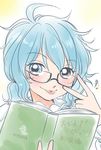  artist_name bespectacled blue_eyes blue_hair book glasses highres low_twintails reading red_eyes signature smile solo tatara_kogasa tongue tongue_out touhou translated twintails yuzuna99 
