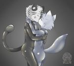  anthro canine catsuit_(disambiguation) cub feline greg_katz grey_background hug kissing love male male/male mammal romantic_couple rubber shiny simple_background tiger tobby tobby_wolf white_tiger wolf young 