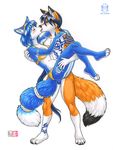  anthro black_hair black_nose blue_fur blue_hair canine clothed clothing digitigrade eyes_closed female fox fur hair kacey male mammal midriff orange_fur simple_background standing white_background white_fur 