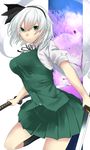  :/ black_hairband black_legwear black_ribbon breasts cherry_blossoms commentary cowboy_shot dual_wielding green_eyes green_skirt green_vest hair_ribbon hairband highres hitodama holding katana konpaku_youmu konpaku_youmu_(ghost) large_breasts looking_at_viewer miniskirt onineko-chan pleated_skirt puffy_short_sleeves puffy_sleeves ribbon short_hair short_sleeves silver_hair skirt skirt_set socks solo sword touhou unsheathed v-shaped_eyebrows vest wakizashi weapon 