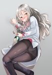  :d ass black_footwear black_legwear blush boots bottle breasts brown_eyes comah cork drunk grey_background grey_hair hair_between_eyes holding kantai_collection knees_together_feet_apart long_hair long_sleeves looking_at_viewer lying medium_breasts no_hat no_headwear no_pants on_side open_mouth panties panties_under_pantyhose pantyhose pink_scarf pola_(kantai_collection) ringlets scarf shiny shiny_clothes smile solo spill stained_clothes thighband_pantyhose underwear wavy_hair wavy_mouth white_coat wine_bottle yellow_eyes 