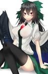  arm_support bangs bird_wings black_hair black_legwear black_wings blush bow breasts cape closed_mouth commentary_request green_bow green_skirt hair_between_eyes hair_bow highres knees_up large_breasts long_hair looking_at_viewer onineko-chan puffy_short_sleeves puffy_sleeves red_eyes reiuji_utsuho shirt short_sleeves sitting skirt solo thighhighs third_eye touhou tsurime white_shirt wings 