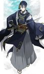  black_gloves blue_eyes blue_hair cloud cloudy_sky coma_(macaron) gloves hakama highres japanese_clothes katana male_focus mikazuki_munechika sandals sayagata sky smile solo sword tabi touken_ranbu weapon 