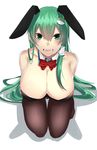  alternate_costume animal_ears bangs bare_shoulders black_legwear blush bow bowtie breasts bunny_ears bunny_girl bunnysuit cleavage commentary_request detached_collar fake_animal_ears frog_hair_ornament from_above green_eyes green_hair hair_between_eyes hair_ornament hair_tubes highres kneeling kochiya_sanae large_breasts long_hair looking_at_viewer looking_up onineko-chan pantyhose parted_lips red_bow red_neckwear smile solo thigh_gap touhou very_long_hair 