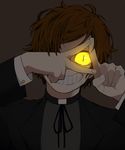  bill_cipher bipper brown_hair dipper_pines glowing glowing_eyes gravity_falls grey_background grin male_focus one_eye_covered possessed priest simple_background slit_pupils smile yellow_sclera 