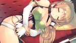  amazuyu_tatsuki aquaplus book bracelet breasts cleavage closed_eyes dungeon_travelers_2 elbow_gloves from_above game_cg gloves irena_rosenmeier jewelry large_breasts light_brown_hair long_hair lying object_hug official_art on_side parted_lips pillow sleeping solo white_gloves 