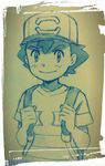  backpack bad_id bad_twitter_id bag baseball_cap hat highres male_focus monochrome nishiya_yasushi pokemon pokemon_(anime) pokemon_sm_(anime) satoshi_(pokemon) shirt sketch smile solo striped striped_shirt traditional_media upper_body 