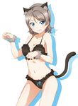  animal_ears black_bra black_panties blue_eyes bra breasts brown_hair cat_ears cat_tail cleavage fang fang_out highres looking_at_viewer love_live! love_live!_sunshine!! medium_breasts panties paw_pose ribbon short_hair simple_background smile solo surfing_orange tail underwear watanabe_you 