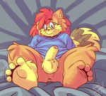  anthro anus balls barefoot bed blush clothing embarrassed erection foot_focus looking_at_viewer lying male mammal motion_lines on_back on_bed penis perineum plantigrade raccoon reclining roarey_raccoon signature solo spread_legs spreading sweater toe_curl whiskers 