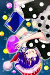  black_skirt blob blouse blue_eyes blue_hair bogyaku_no_m book capelet commentary_request doremy_sweet dream_soul hat nightcap pom_pom_(clothes) skirt smile solo touhou upside-down white_blouse 
