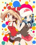  beanie bike_shorts blue_eyes blue_hair brown_eyes brown_hair chorimokki hair_ribbon haruka_(pokemon) hat hikari_(pokemon) holding_hands looking_at_viewer multiple_girls open_mouth pokemon pokemon_(game) pokemon_oras ribbon shorts shorts_under_shorts sleeveless smile twitter_username 