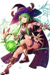  :d alternate_costume antlers armpits ball bangs blush breasts bridal_gauntlets cape cleavage collarbone commentary_request fang feathers flower from_side full_body green_eyes green_hair hair_tubes hat highres large_breasts long_hair looking_at_viewer looking_to_the_side midriff natsumoka navel open_mouth pointy_ears shanti_(soccer_spirits) sidelocks smile soccer_ball soccer_spirits solo staff stomach transparent_background witch_hat 