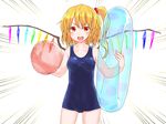 :d ball beachball blonde_hair blush collarbone cowboy_shot crystal flandre_scarlet hair_bobbles hair_ornament highres holding holding_ball innertube kisamu_(ksmz) no_hat no_headwear one-piece_swimsuit open_mouth red_eyes school_swimsuit short_hair side_ponytail simple_background smile solo swimsuit teeth touhou v-shaped_eyebrows white_background wings 