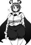  alternate_breast_size antennae blush bow breasts cape commentary covered_navel dress_shirt fat greyscale grin highres ichigo_kotou juliet_sleeves large_breasts long_sleeves looking_at_viewer monochrome older plump puffy_sleeves shirt short_hair shorts smile solo thick_thighs thighs touhou wriggle_nightbug 