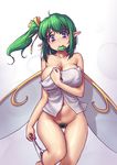  areola_slip areolae ass_visible_through_thighs bare_shoulders barefoot blue_eyes blush bomb breasts cleavage collarbone colored_pubic_hair condom condom_in_mouth covered_nipples covering covering_breasts cowboy_shot daiyousei ear_piercing fairy_wings green_hair hair_ribbon hater_(hatater) head_tilt heart heart-shaped_pupils highres hips large_breasts long_hair looking_at_viewer moderate_pubic_hair mouth_hold naked_towel navel panties panties_around_one_leg piercing pointy_ears power-up pubic_hair pulled_by_self ribbon side_ponytail simple_background smile solo sweat symbol-shaped_pupils thigh_gap thighs touhou towel underwear undressing white_panties white_towel wings 