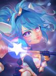 arm_guards armor black_gloves blue_hair blurry breastplate depth_of_field elbow_gloves falling_star from_side gloves hair_tie hammer holding holding_staff league_of_legends leng long_hair looking_at_viewer looking_to_the_side magical_girl pointy_ears poppy staff star star_(sky) star_guardian_poppy tiara yordle 