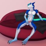  aguarius anthro bed blue_fur front_view fur green_eyes ikazu lying_on_bed male masturbation penis relaxing ringingbell sergal solo white_fur 