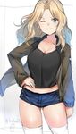  ass_visible_through_thighs blonde_hair blue_eyes breasts cleavage collarbone cowboy_shot eyebrows_visible_through_hair girls_und_panzer green_jacket hand_on_hip isshiki_(ffmania7) jacket kay_(girls_und_panzer) long_hair long_sleeves looking_at_viewer medium_breasts midriff military military_uniform one_eye_closed saunders_military_uniform short_shorts shorts simple_background sketch smirk solo tank_top thighhighs twitter_username uniform white_legwear wind 