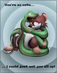 ageplay anthro blue_eyes brown_fur coiling dialogue diaper duo fangs feet feral fur green_scales male mammal mouse open_mouth red_eyes reptile rodent scales scalie simple_background sitting snake tongue zen_fetcher 