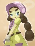  ? alternate_eye_color belt black_hair blue_eyes blush bonnet bright_pupils brown_background curly_hair dark_skin gloves half-closed_eyes hapu'u_(pokemon) hat highres island_kahuna jumpsuit long_hair open_mouth pokemon pokemon_(game) pokemon_sm puffy_short_sleeves puffy_sleeves ravinosuke1 short_sleeves solo trial_captain triangle_mouth twintails white_gloves 