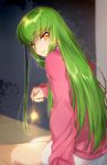  back c.c. code_geass creayus fireworks green_hair grin long_hair looking_at_viewer senkou_hanabi sitting smile solo sparkler sweater 