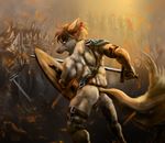  angry anthro anus armor backsack balls battle belt butt canine fight fire hair helmet human long_hair mammal marsonaut melee_weapon muscular nude shield shoulder_pad straps sword thigh warrior weapon wolf 