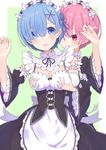  apron bangs blue_eyes blue_hair blush breasts cleavage collar commentary detached_collar detached_sleeves embarrassed eyes_visible_through_hair flower frilled_collar frilled_sleeves frills grabbing grabbing_from_behind green_background groping hair_ornament hair_over_one_eye hair_ribbon hands_up highres looking_at_another maid maid_headdress medium_breasts multiple_girls open_mouth pink_hair puffy_sleeves purple_ribbon ram_(re:zero) re:zero_kara_hajimeru_isekai_seikatsu red_eyes rem_(re:zero) ribbon short_hair siblings sisters smile twins two-tone_background waist_apron wakutsu white_background white_flower x_hair_ornament 