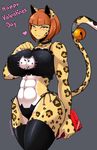  &lt;3 :3 abs anthro bangs bell bell_collar big_breasts blush breasts cat_lingerie cleavage_cutout clothing collar countershading english_text feline female fur grey_background grey_body hair half-closed_eyes huge_breasts kemono legwear leopard lingerie mammal muscular muscular_female nipple_bulge orange_hair raised_tail safurantora short_hair simple_background smile solo spots stockings straight_hair text thick_thighs thigh_highs tsurime walking white_belly wide_hips yellow_fur 