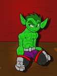  2016 bdsm beast_boy bondage bound clothed clothing green_eyes green_skin how-did-we-get-here humanoid kneeling male not_furry solo solo_focus teen_titans topless water wet 