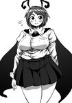  alternate_breast_size antennae blush bow breasts cape commentary covered_navel dress_shirt fat greyscale grin highres ichigo_kotou juliet_sleeves large_breasts long_sleeves looking_at_viewer miniskirt monochrome older pleated_skirt plump puffy_sleeves shirt short_hair skirt smile solo thick_thighs thighs touhou wriggle_nightbug 