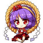  chibi eyebrows_visible_through_hair ginkgo_leaf hair_ornament hairband hand_on_own_knee layered_clothing leaf leaf_hair_ornament long_sleeves looking_at_viewer lowres maple_leaf md5_mismatch puffy_short_sleeves puffy_sleeves purple_hair red_eyes red_shirt red_skirt renren_(ah_renren) rope sandals shimenawa shirt short_hair short_over_long_sleeves short_sleeves simple_background sitting skirt smile solo touhou white_background yasaka_kanako 