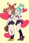  bag blue_eyes blue_hair blush brown_hair chorimokki hair_ornament hair_ribbon haruka_(pokemon) headband lucia_(pokemon) multiple_girls open_mouth pleated_skirt pokemon pokemon_(game) pokemon_oras ribbon school_uniform skirt smile 