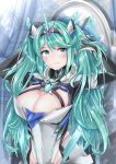  1girl armor bangs blush breasts cleavage cleavage_cutout earrings elbow_gloves gem gloves green_eyes green_hair hair_ornament headpiece highres jewelry large_breasts long_hair looking_at_viewer nintendo pneuma_(xenoblade_2) sarasadou_dan smile solo spoilers swept_bangs tiara twintails very_long_hair xenoblade_(series) xenoblade_2 