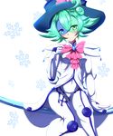  1girl adjusting_bow blue_hat blush bow danpu duel_monster green_eyes green_hair hat matching_hair/eyes pink_ribbon ribbon simple_background snowflake solo white_background windwitch_glass_bell witch witch_hat yu-gi-oh! yuu-gi-ou_duel_monsters 
